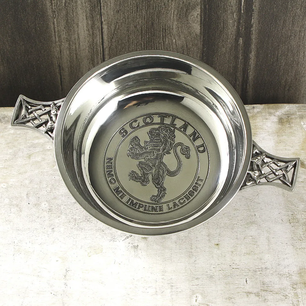 3.5 Inch Celtic Knot Handle Pewter Quaich Bowl with Rampant Lion Design