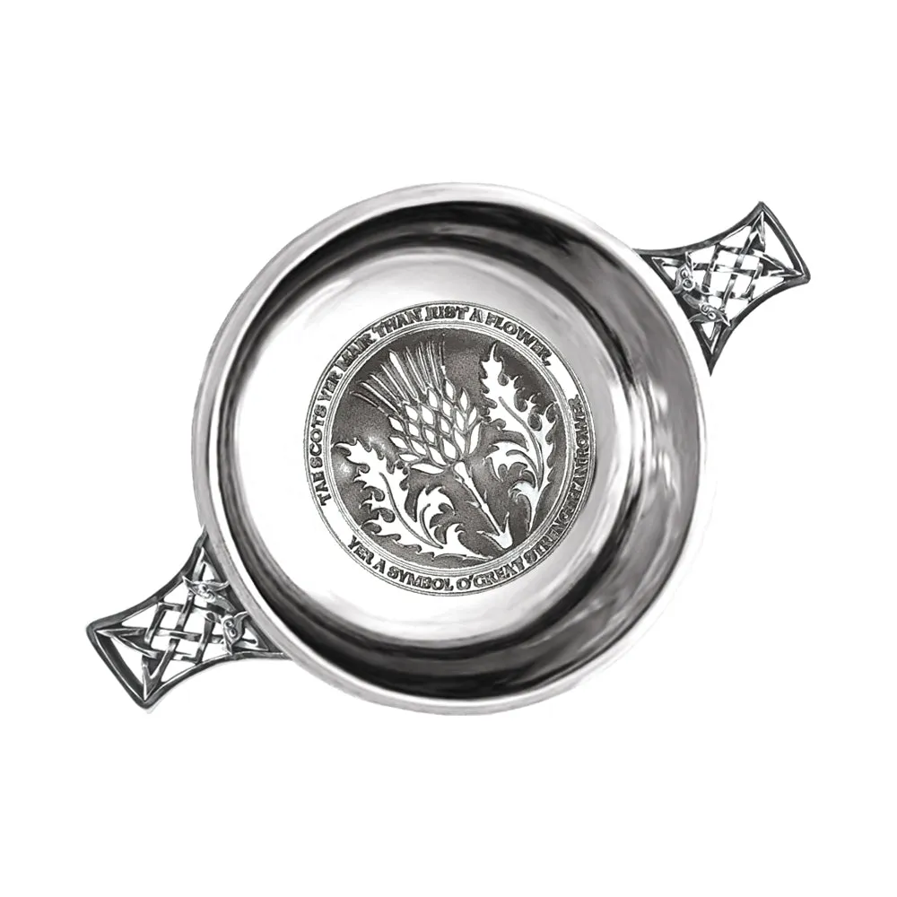 3.5 Inch Celtic Knot Handle Pewter Quaich Bowl with Tae A Thistle Design