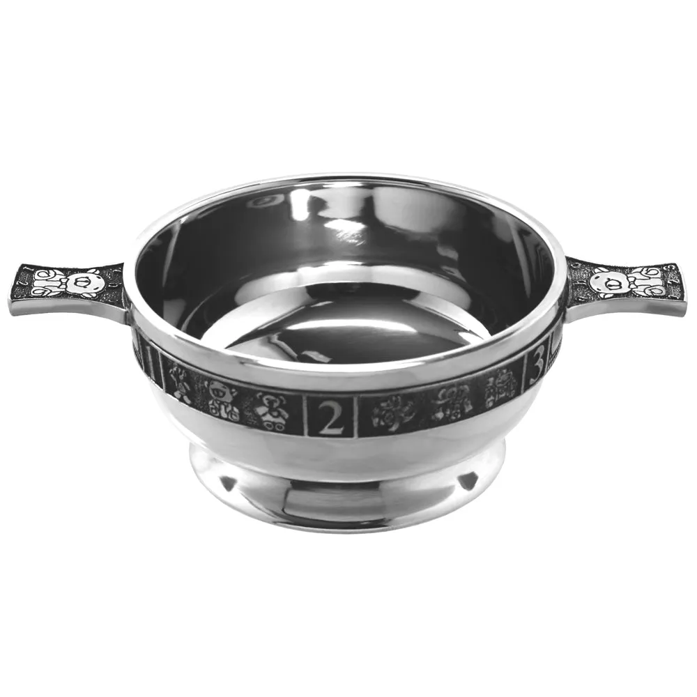 3.5 Inch Childrens Pewter Quaich Bowl - ABC 123 Teddy Bear Handles