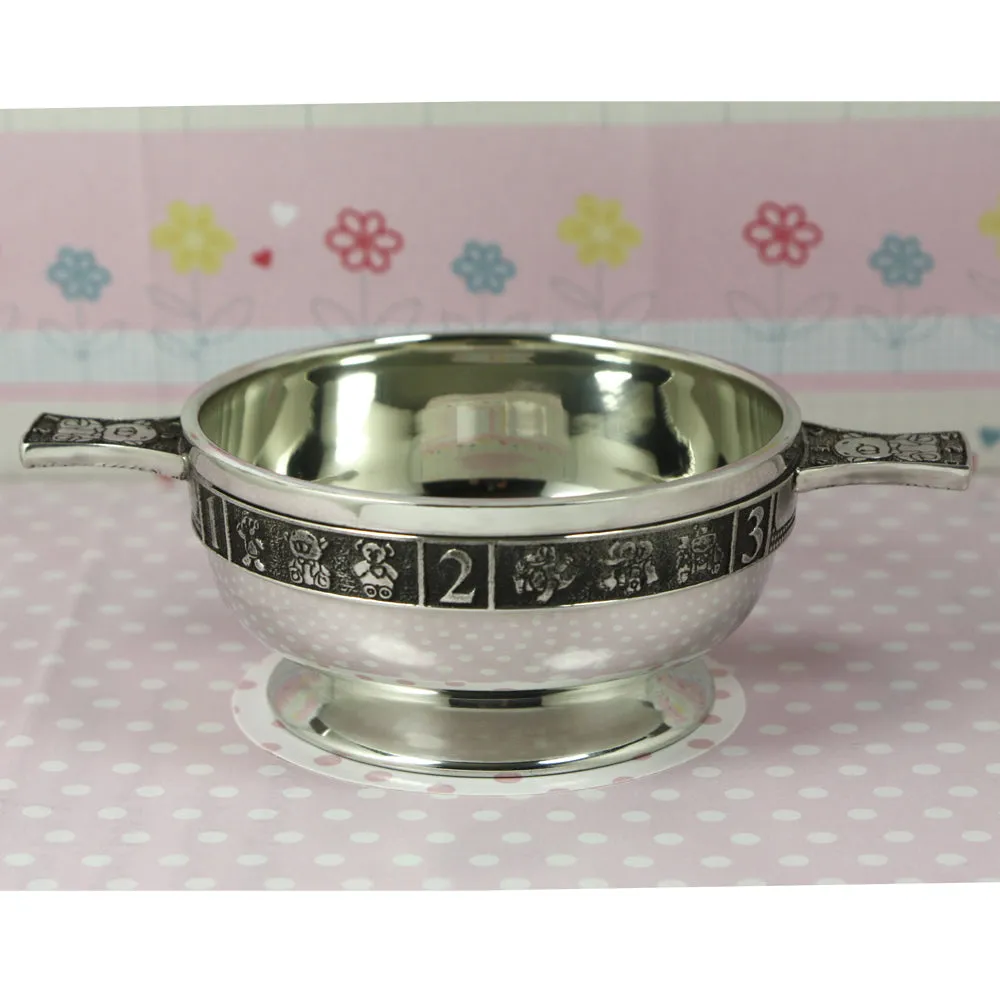 3.5 Inch Childrens Pewter Quaich Bowl - ABC 123 Teddy Bear Handles