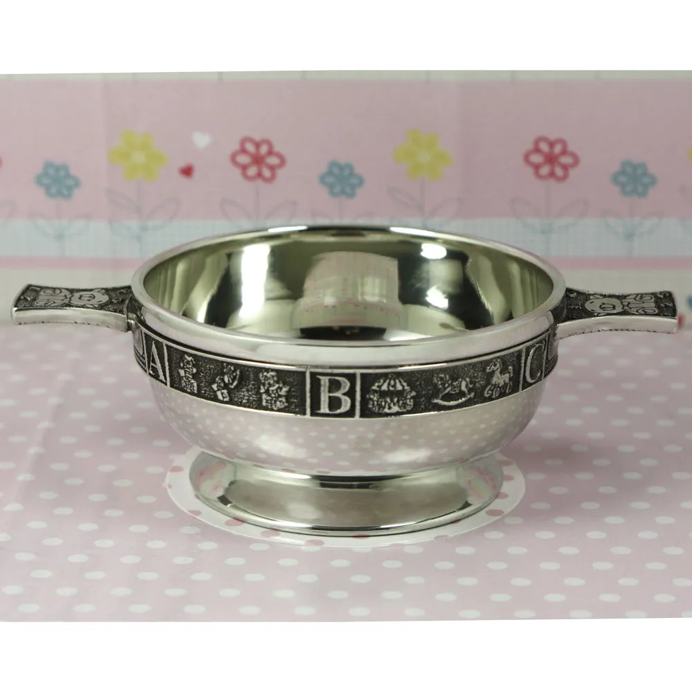 3.5 Inch Childrens Pewter Quaich Bowl - ABC 123 Teddy Bear Handles