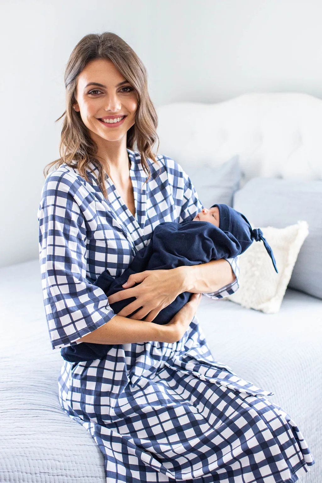 Blue Gingham Robe & Navy Swaddle Blanket Set