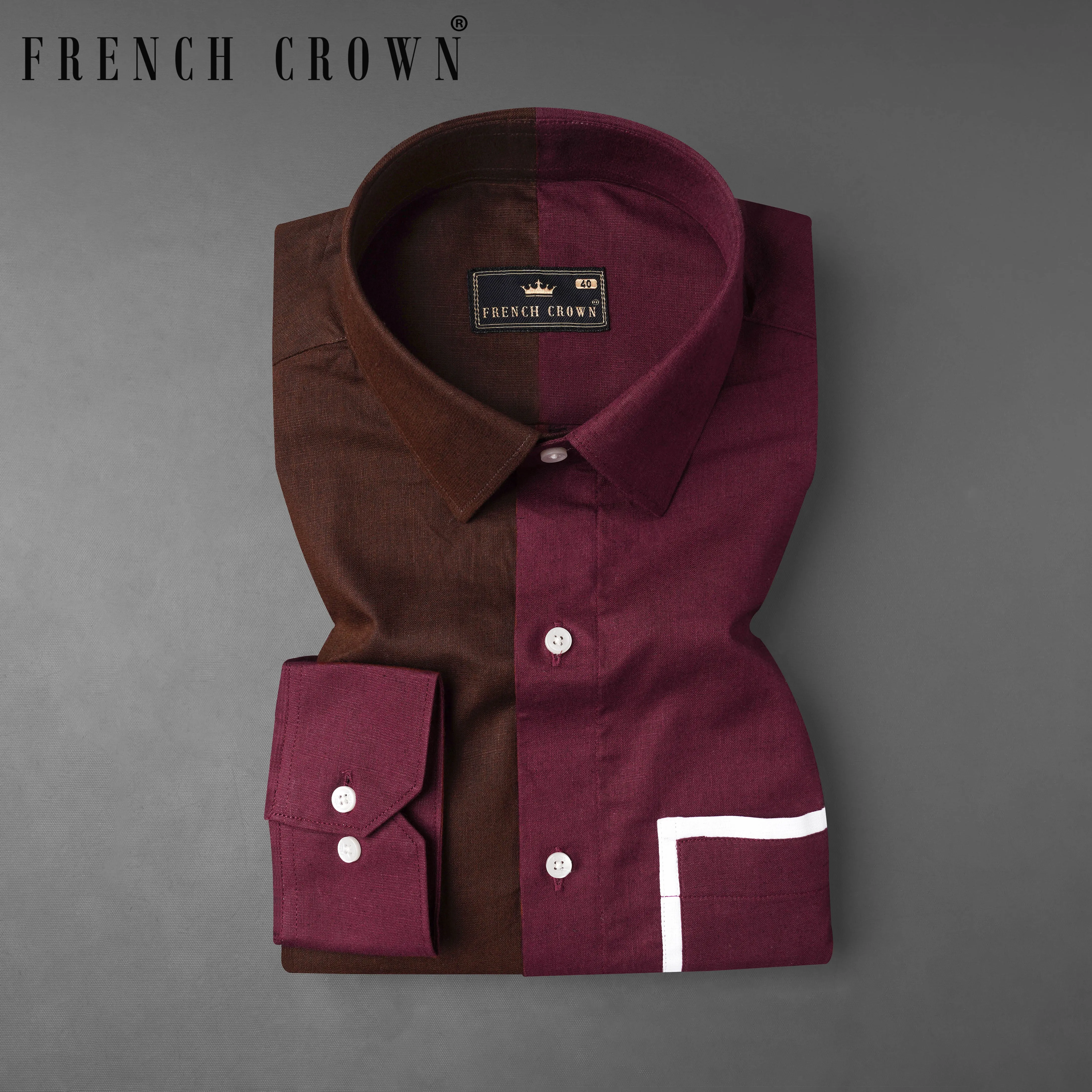 Bordeaux Wine and Brown with White Frame Pocket Luxurious Linen Shirt