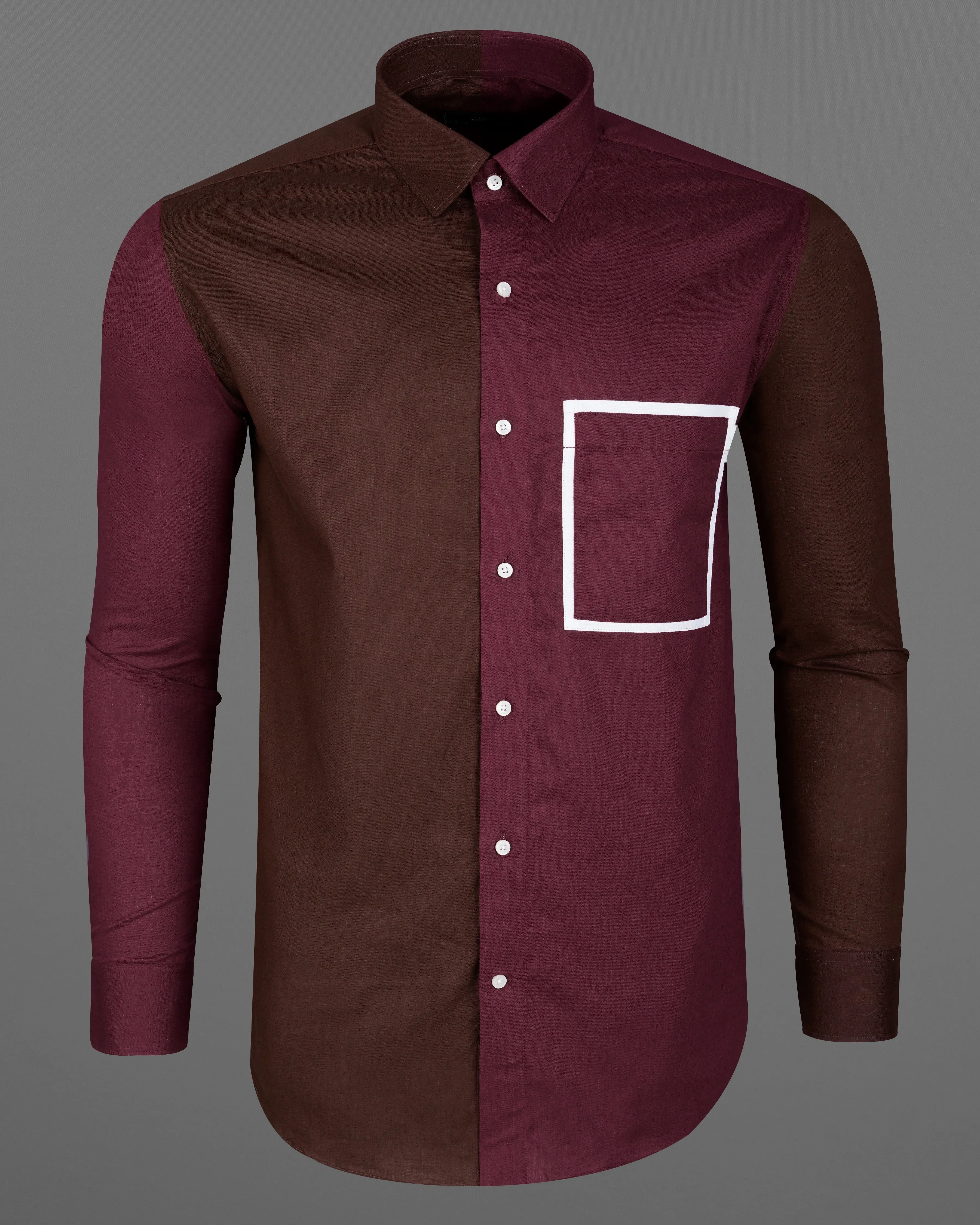 Bordeaux Wine and Brown with White Frame Pocket Luxurious Linen Shirt