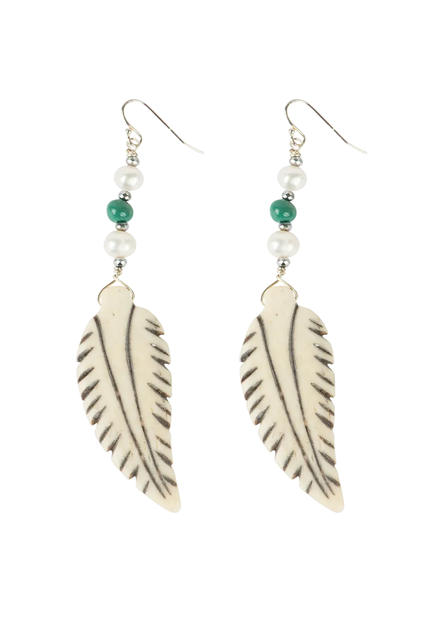 Breathe Deep Carved Bone Feather Earrings