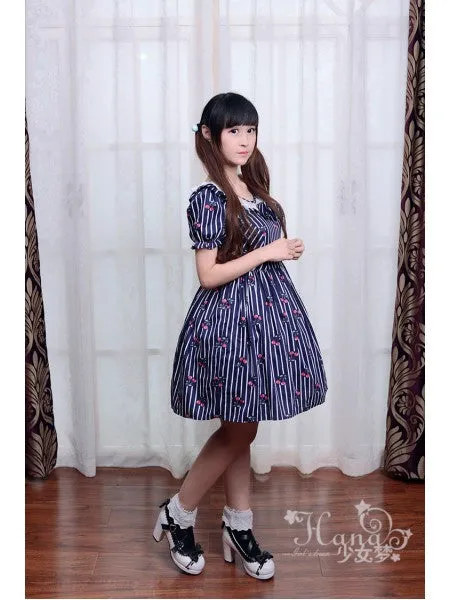 Cherry Stripe Ruffle Collar One Piece in Navy