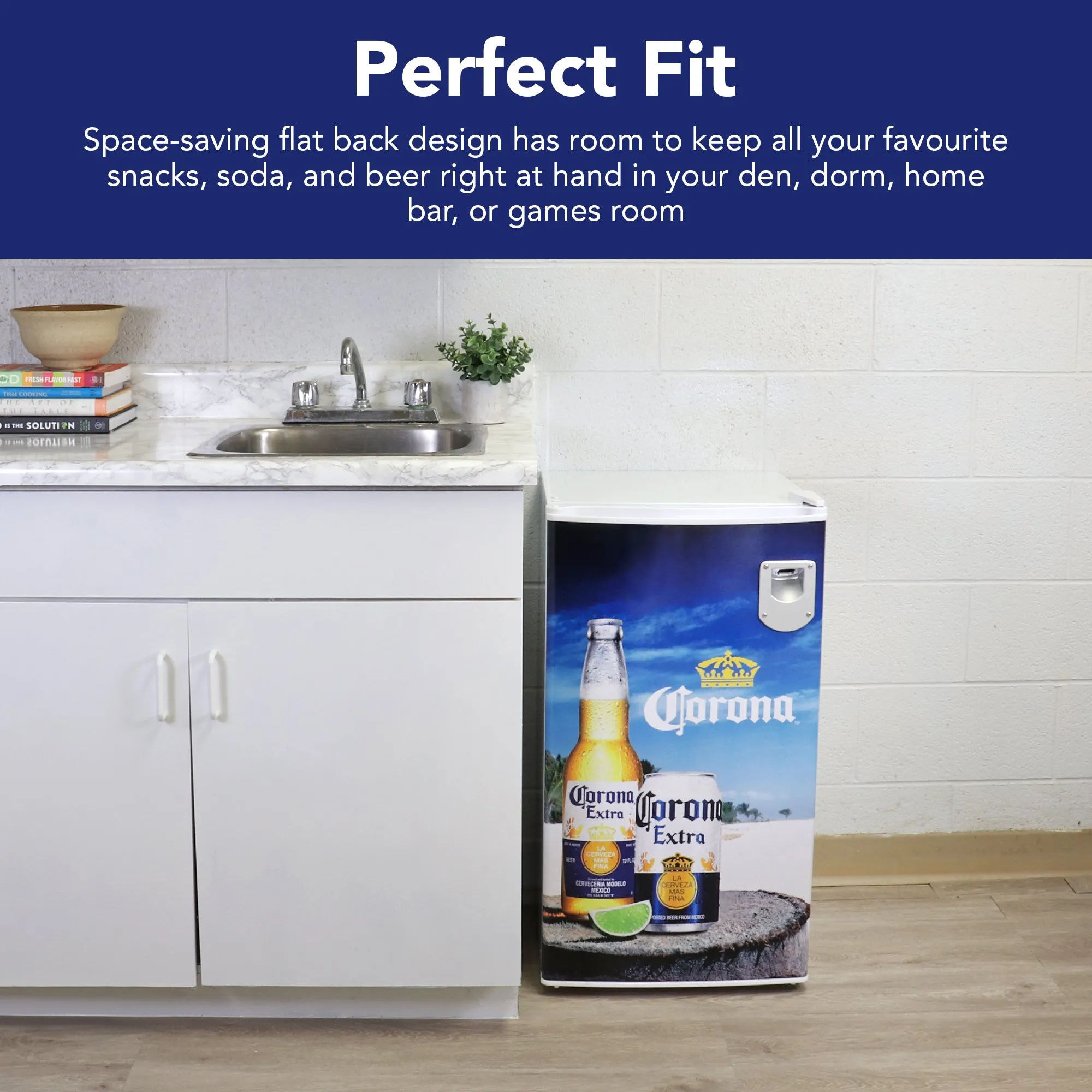 Corona Compact Fridge w/ Bottle Opener, 3.2 cu ft (90L), White, Space-Saving Flat Back Design, Reversible Door, Tempered Glass Shelves, Licensed Corona Artwork, Perfect for Beer-Lovers