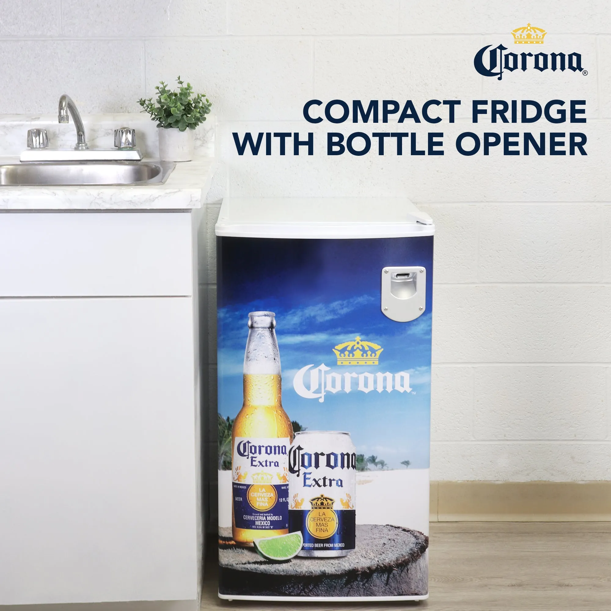 Corona Compact Fridge w/ Bottle Opener, 3.2 cu ft (90L), White, Space-Saving Flat Back Design, Reversible Door, Tempered Glass Shelves, Licensed Corona Artwork, Perfect for Beer-Lovers