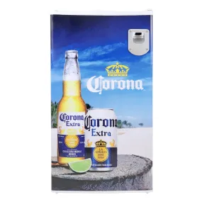 Corona Compact Fridge w/ Bottle Opener, 3.2 cu ft (90L), White, Space-Saving Flat Back Design, Reversible Door, Tempered Glass Shelves, Licensed Corona Artwork, Perfect for Beer-Lovers