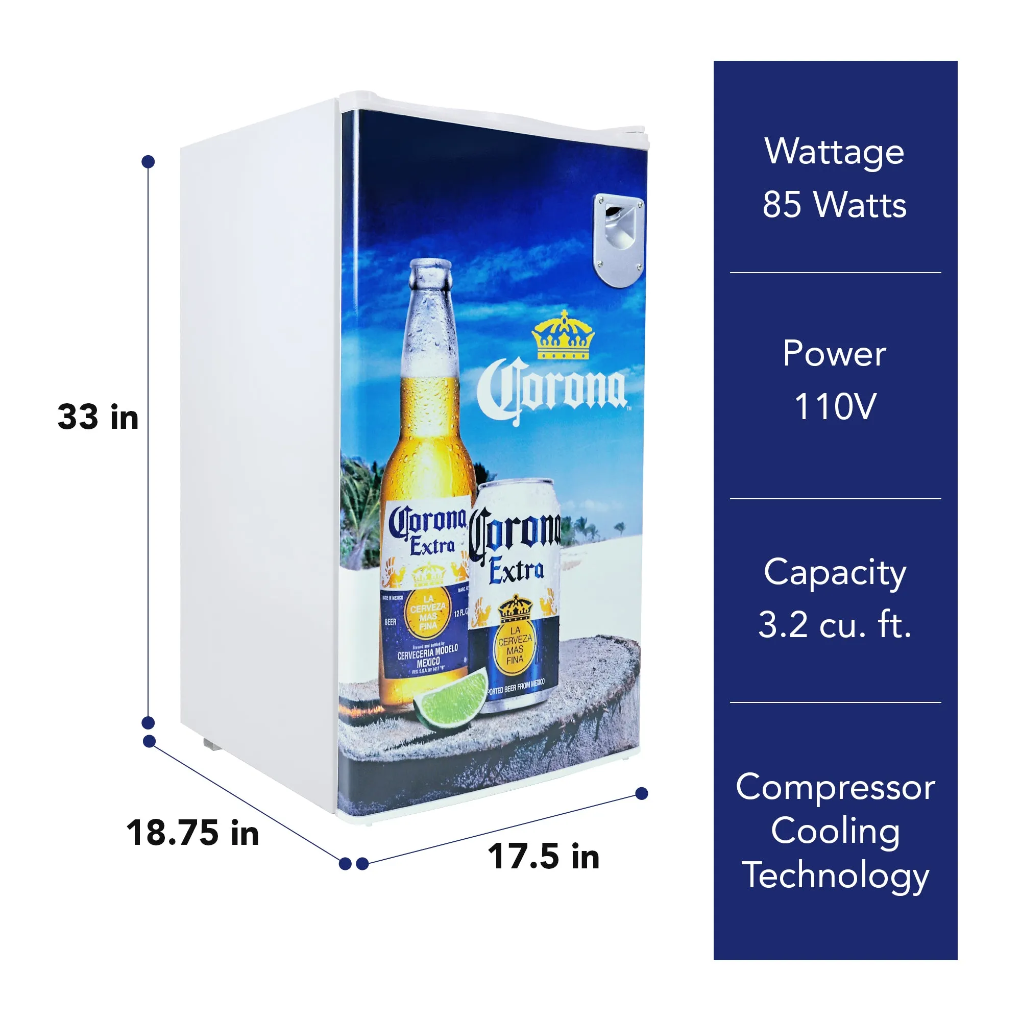 Corona Compact Fridge w/ Bottle Opener, 3.2 cu ft (90L), White, Space-Saving Flat Back Design, Reversible Door, Tempered Glass Shelves, Licensed Corona Artwork, Perfect for Beer-Lovers