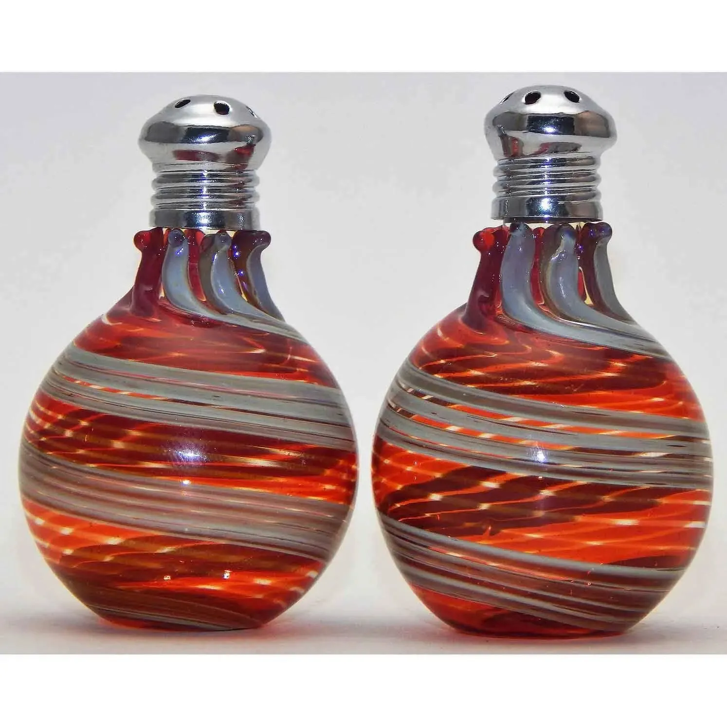 Cream and Red Blown Glass Salt and Pepper Shaker 310 by Four Sisters Art Glass