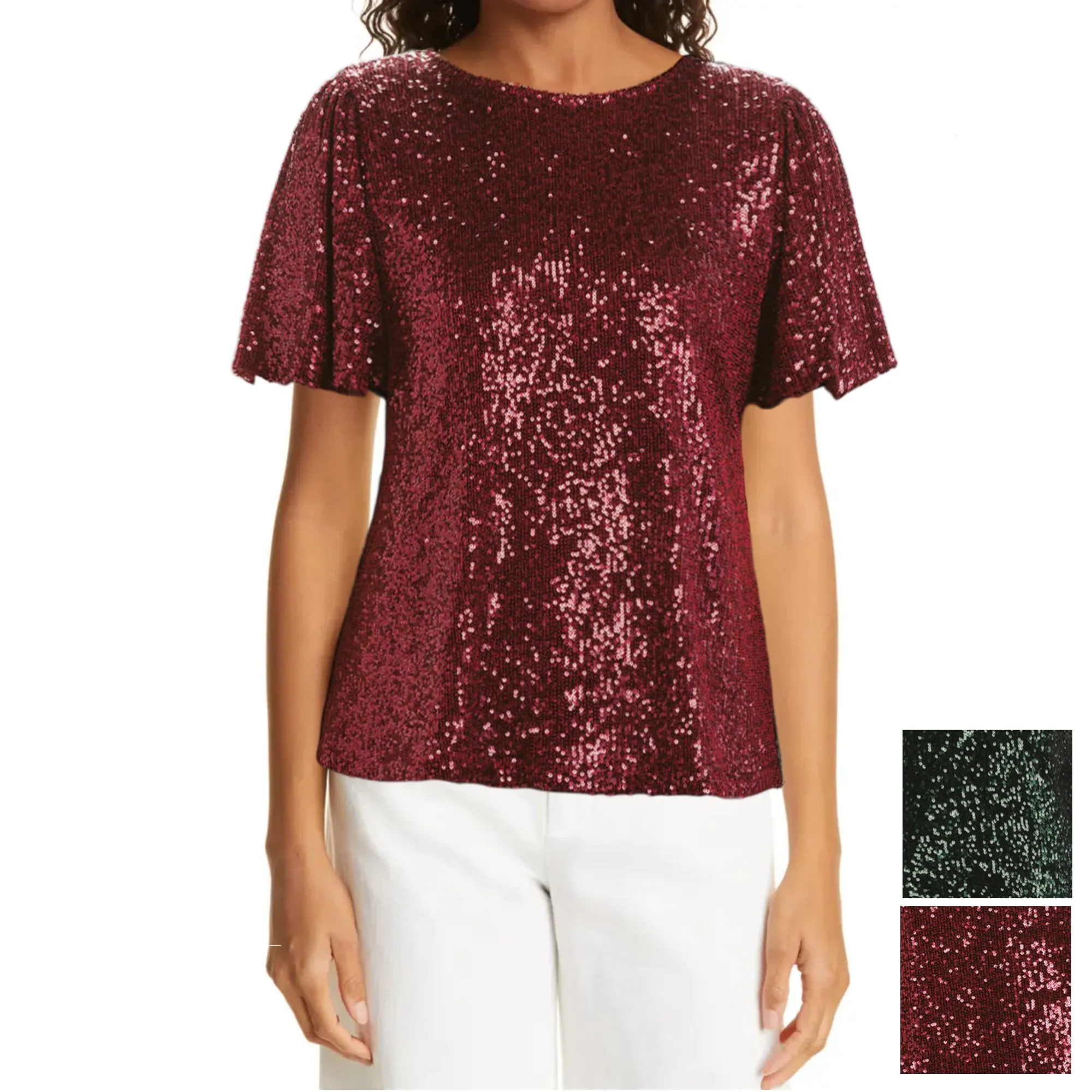 Hilary Radley Women's Flutter Sleave Keyhole Back Sequin Blouse Top