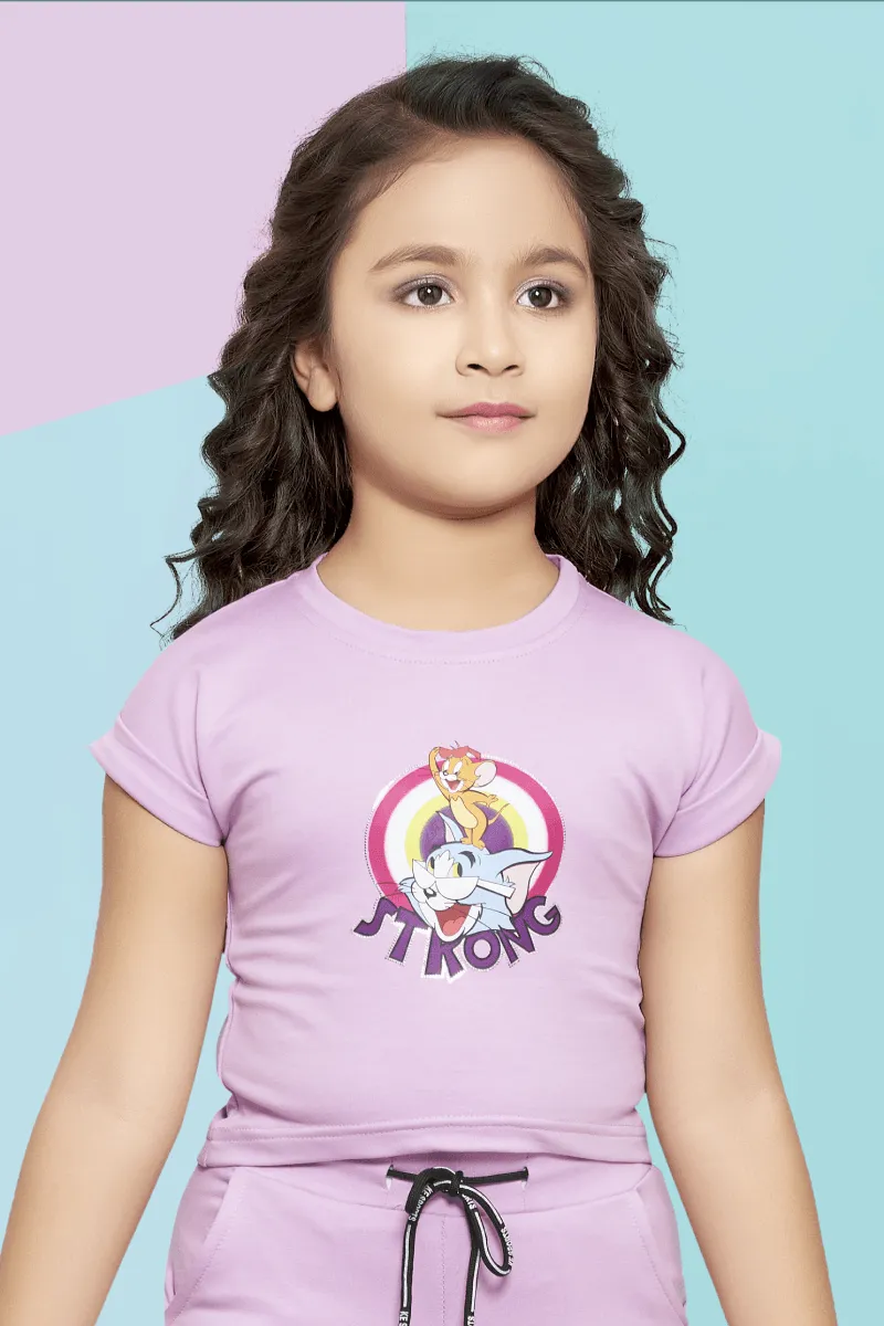 Lilac Tom and Jerry Printed Tops and Shorts For Girls