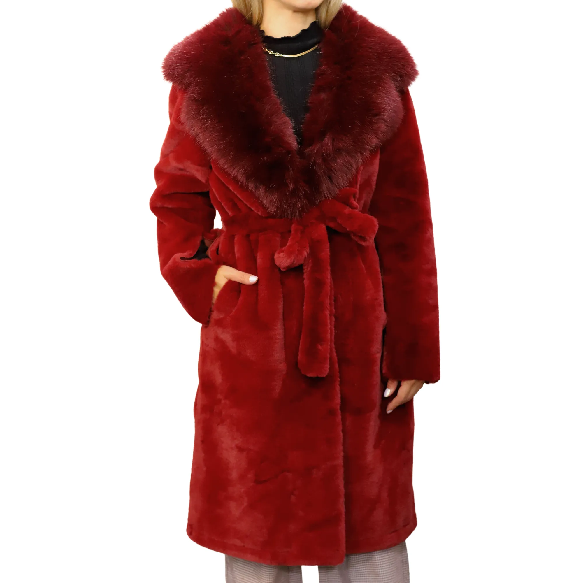 Long Faux Fur Waist Coat - Red