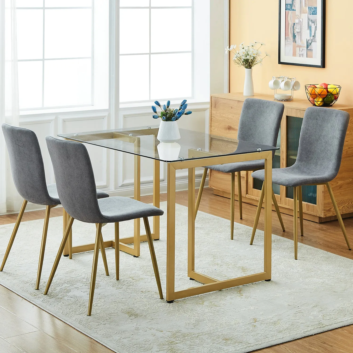 Modren Dining Chairs Set of 4,with Fabric Seat & Back with Golden Legs for Dining Room