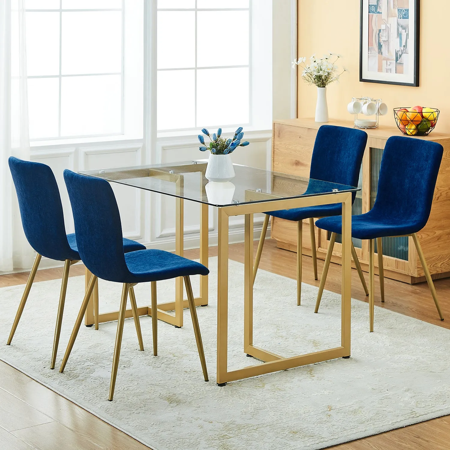 Modren Dining Chairs Set of 4,with Fabric Seat & Back with Golden Legs for Dining Room