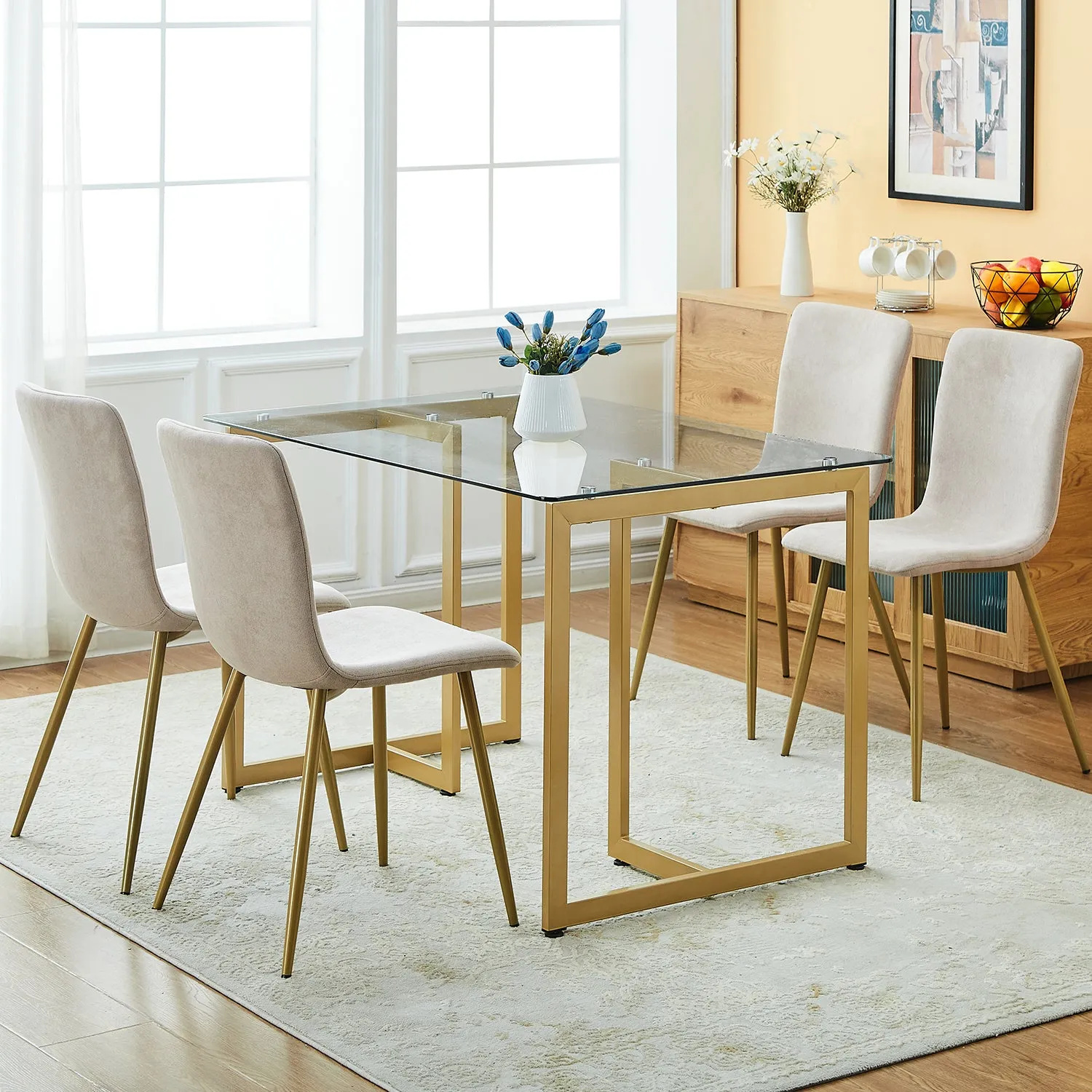 Modren Dining Chairs Set of 4,with Fabric Seat & Back with Golden Legs for Dining Room