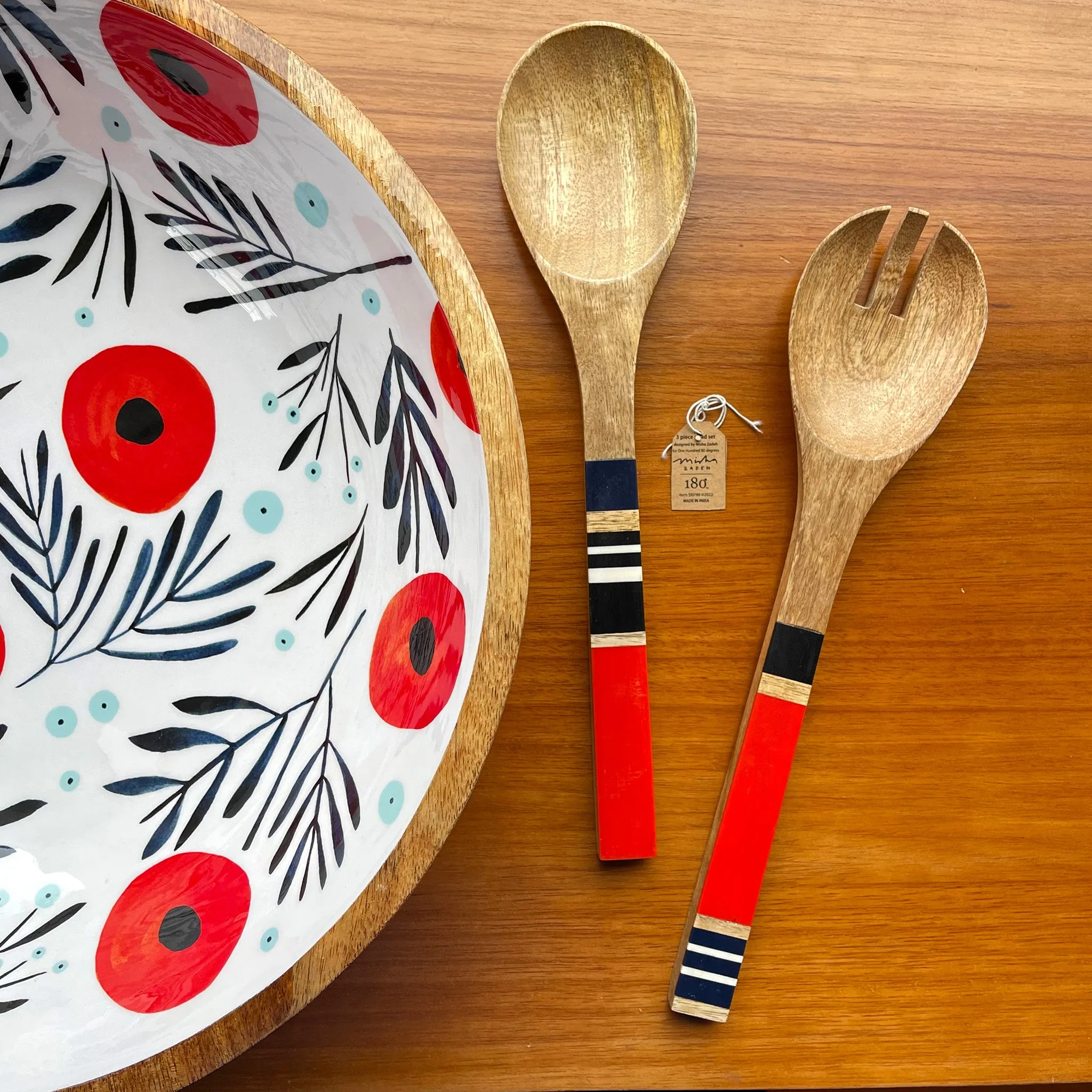 New! Red Poppies on White, Mango Wood Salad Bowl and Tongs