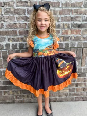 SPOOKY PUMPKIN  TWIRLY DRESS - ORANGE