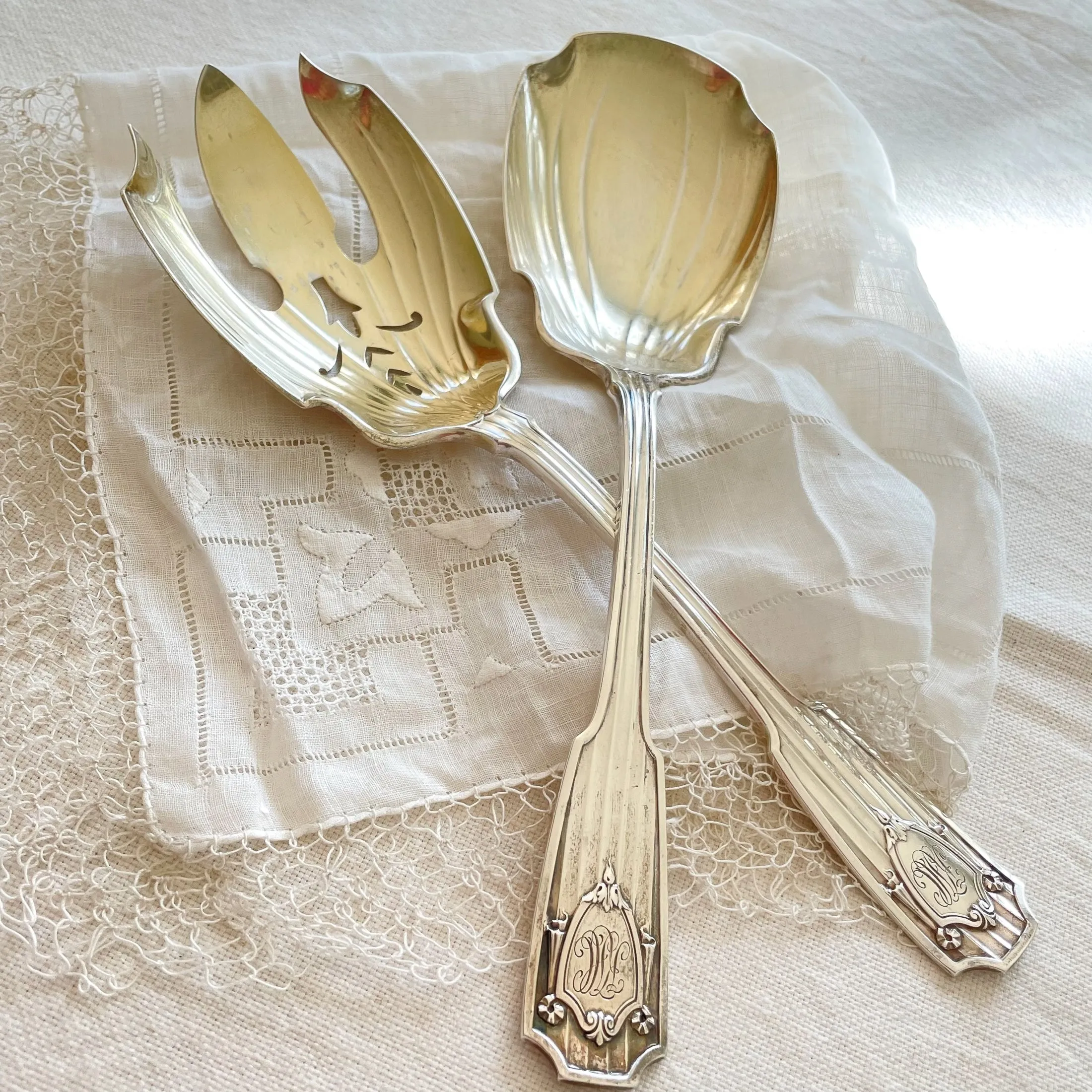 Sterling Silver Gorham Spotswood Salad Serving Set, 1912 Monogrammed 2 Piece Set