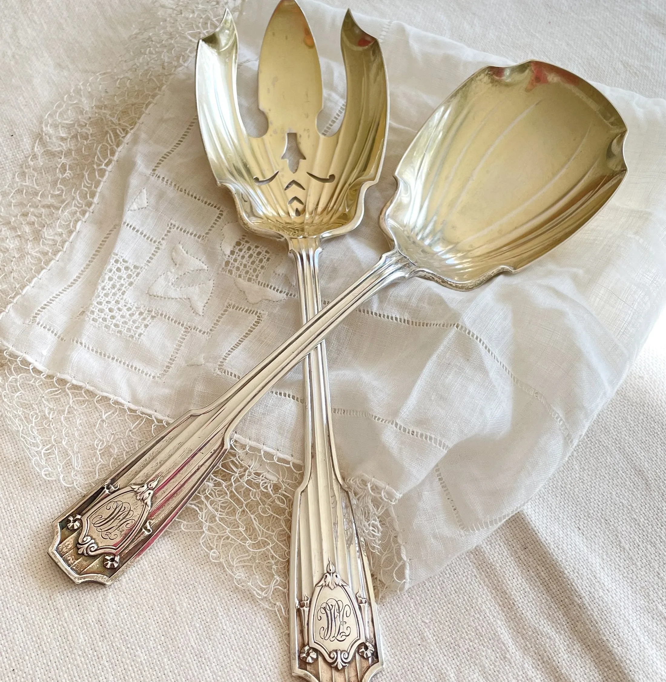 Sterling Silver Gorham Spotswood Salad Serving Set, 1912 Monogrammed 2 Piece Set