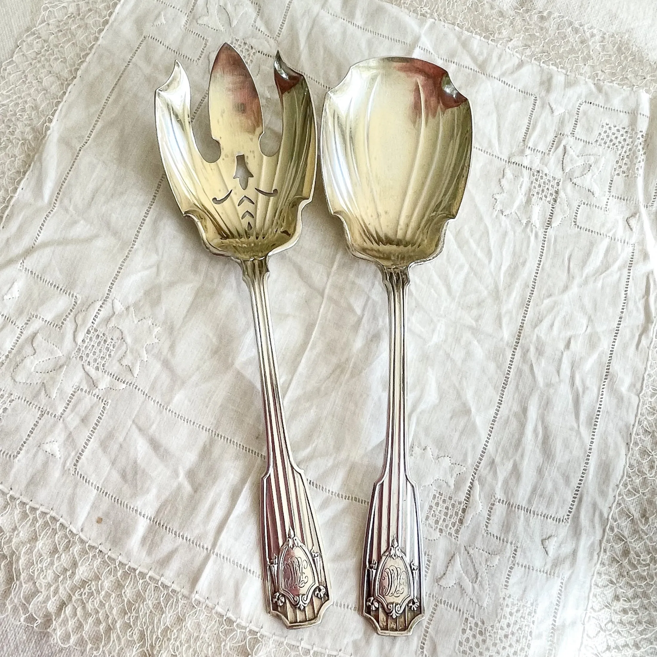 Sterling Silver Gorham Spotswood Salad Serving Set, 1912 Monogrammed 2 Piece Set